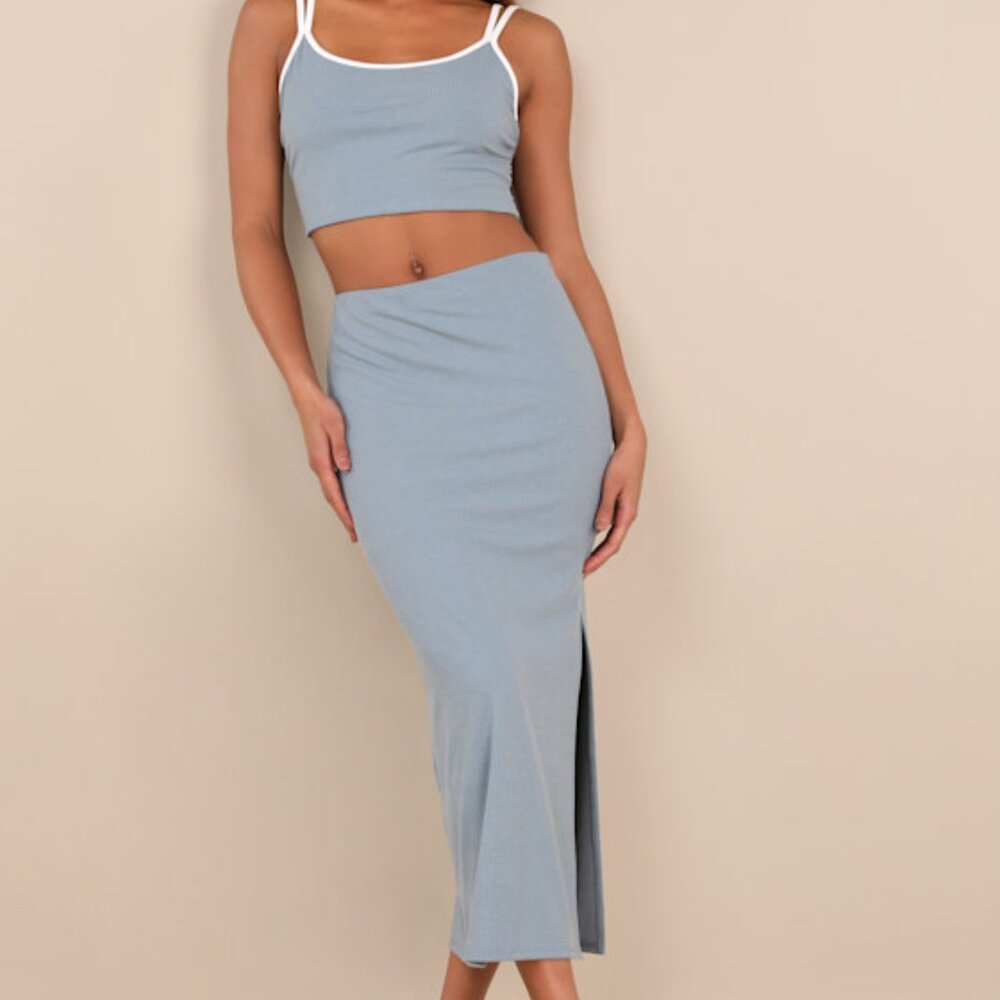Lulus Trendy Match Slate Blue Ribbed Two-piece Midi Dress - Size S